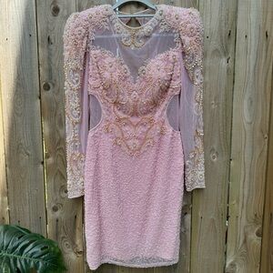 Pink Beaded Embroidered Pink Lillie Rubin Sheer Mini Dress Sweetheart Size 10